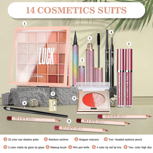 All in One Makeup Set, JIKUEA Makeup kits for Women, Girls or Teens,Include Eyeshadow&Facial Palette Lipglaze&Lipline Eyebrow&Eyeliner&Mascara EyeShadow Brush