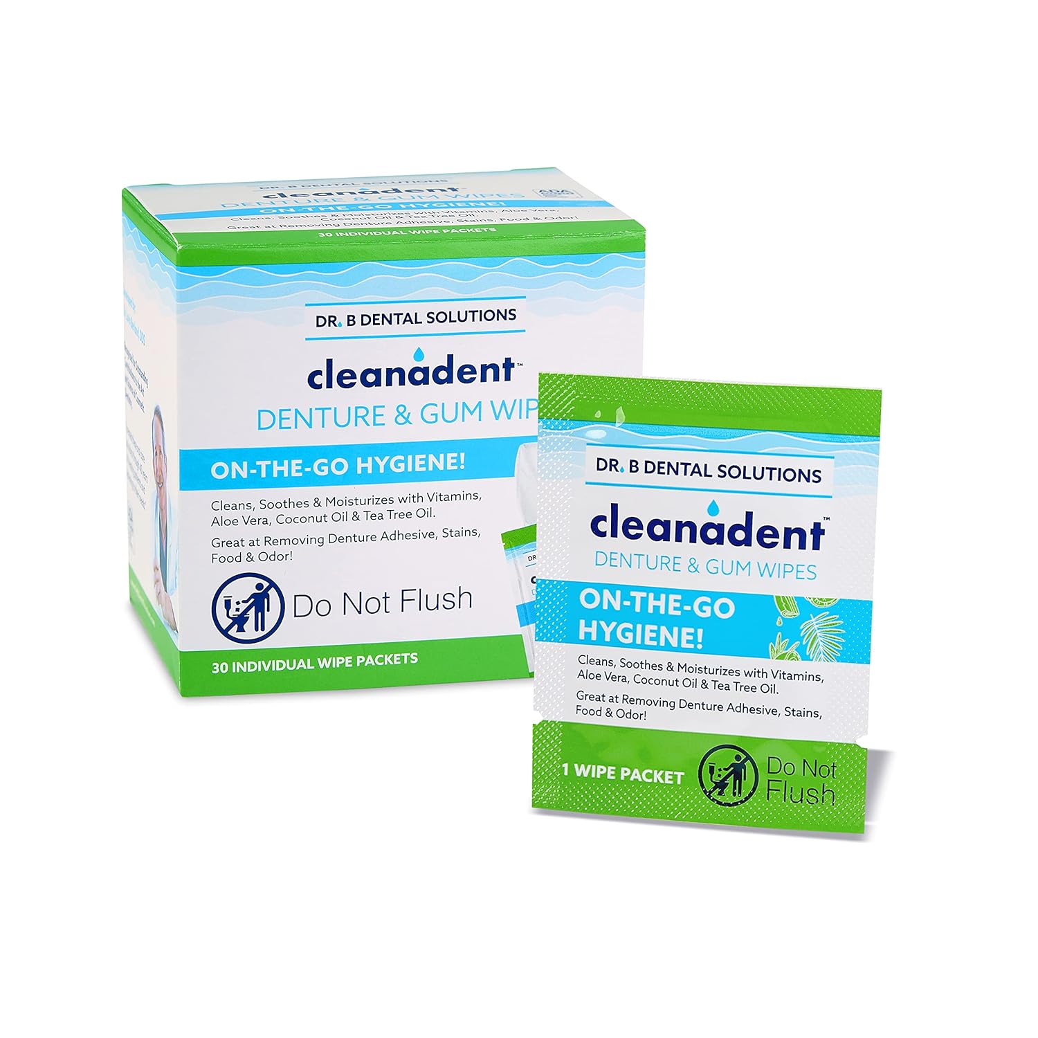 Dr. B Dental Solutions Cleanadent Dental Wipes, Denture Cleaner Removes Adhesives, Food, Stains, and Odor 30 Count Pack