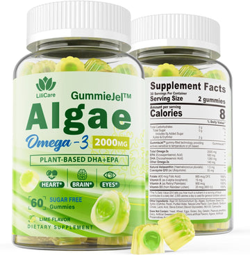 Sugar Free Algae 2000mg Omega 3 Gummies, Omega 3 Fish Oil Supplements Alternative with 1280mg DHA & 580mg EPA, Multivita