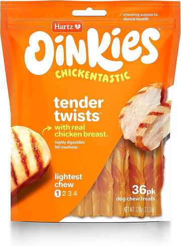 Hartz Oinkies Rawhide-Free Tender Treats Wrapped with Chicken Dog Treats Chews, 36 Count, Highly Digestible, No Artifici