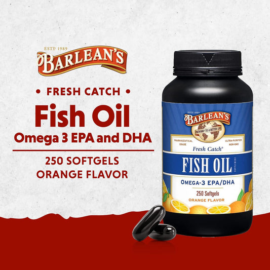 Barlean's Fish Oil Omega 3 Supplement, EPA & DHA Fatty Acid Softgels for Joint, Brain, & Heart Health, 1000mg Orange avored Fish Oil Pills, 250 Count