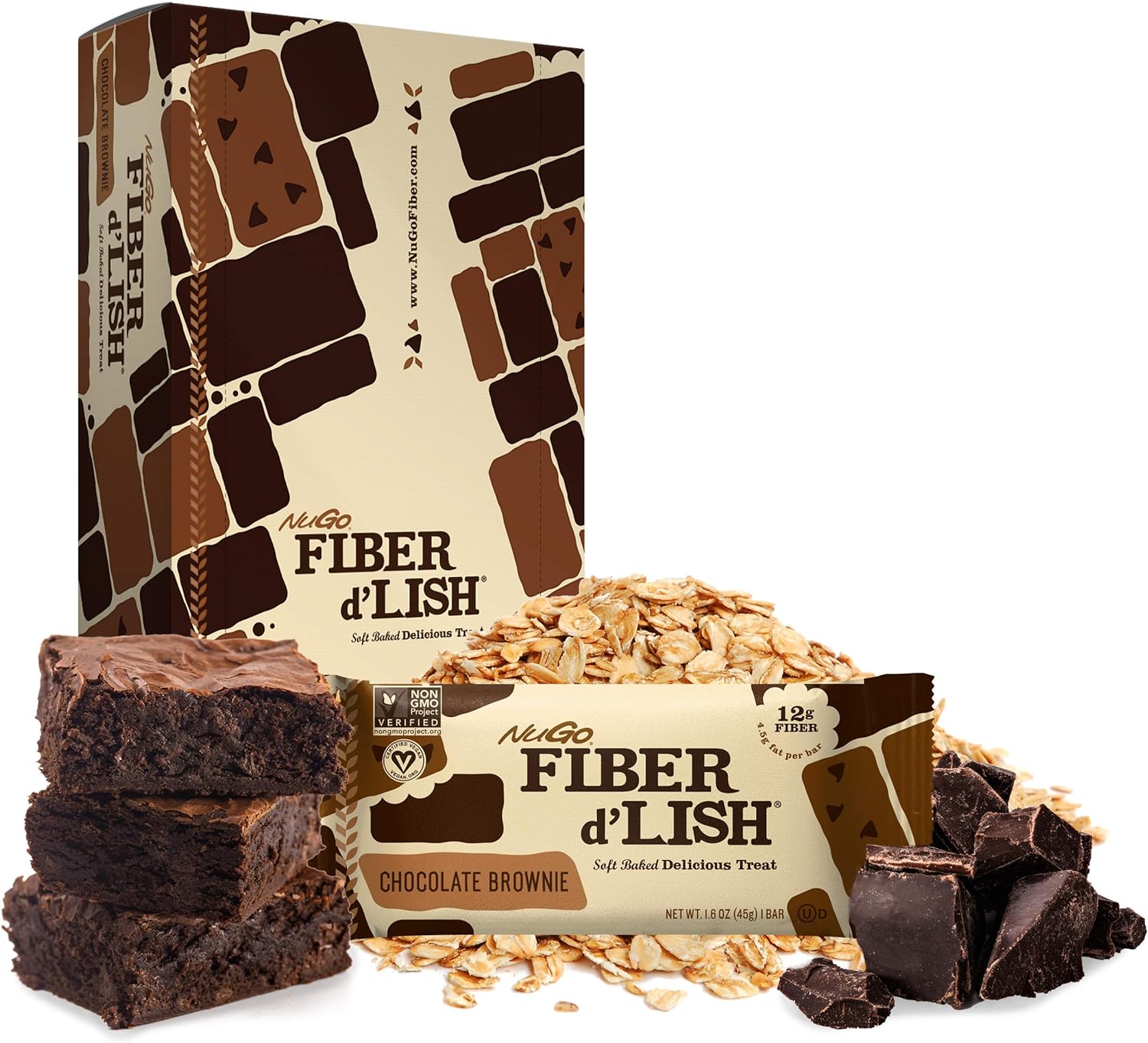 NuGo Fiber d'Lish Chocolate Brownie, 12g High Fiber, Vegan,