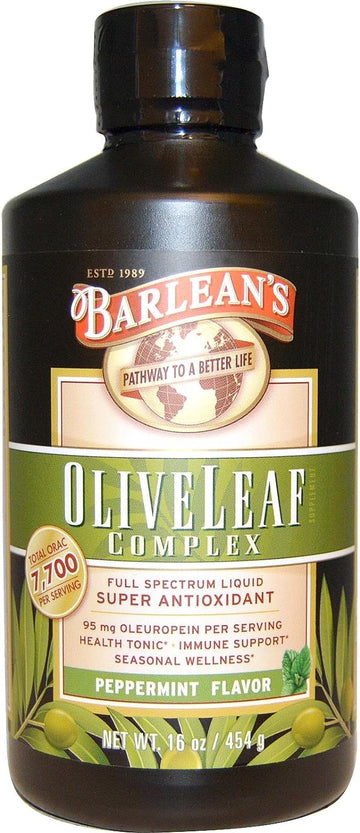 Barlean's Organic Peppermint Olive Leaf Complex with 7,700 ORAC and 95mg Oleuropein - Sustainably Sourced, Kosher - 16-s