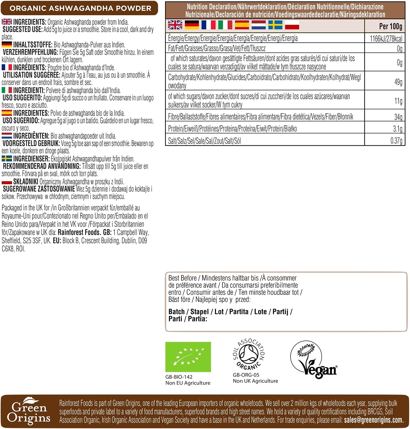 Rainforest Foods Organic Ashwagandha Powder 400g

