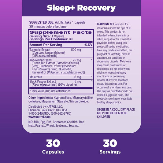 Natrol Sleep + Recovery Melatonin 6mg With Turmeric and Antioxidant Blend, Dietary Supplement for Restful Sleep and Healthy Inammatory Response, 30 Capsules, 30 Day Supply