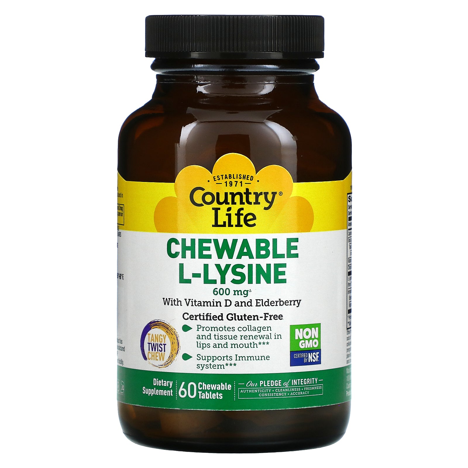 Country Life, Chewable L-Lysine with Vitamin D and Elderberry, 300 mg