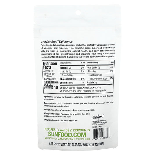 Sunfood, Spirulina & Chlorella, Super Algae Tablets, 250 mg, Approx, 2 oz (57 g)