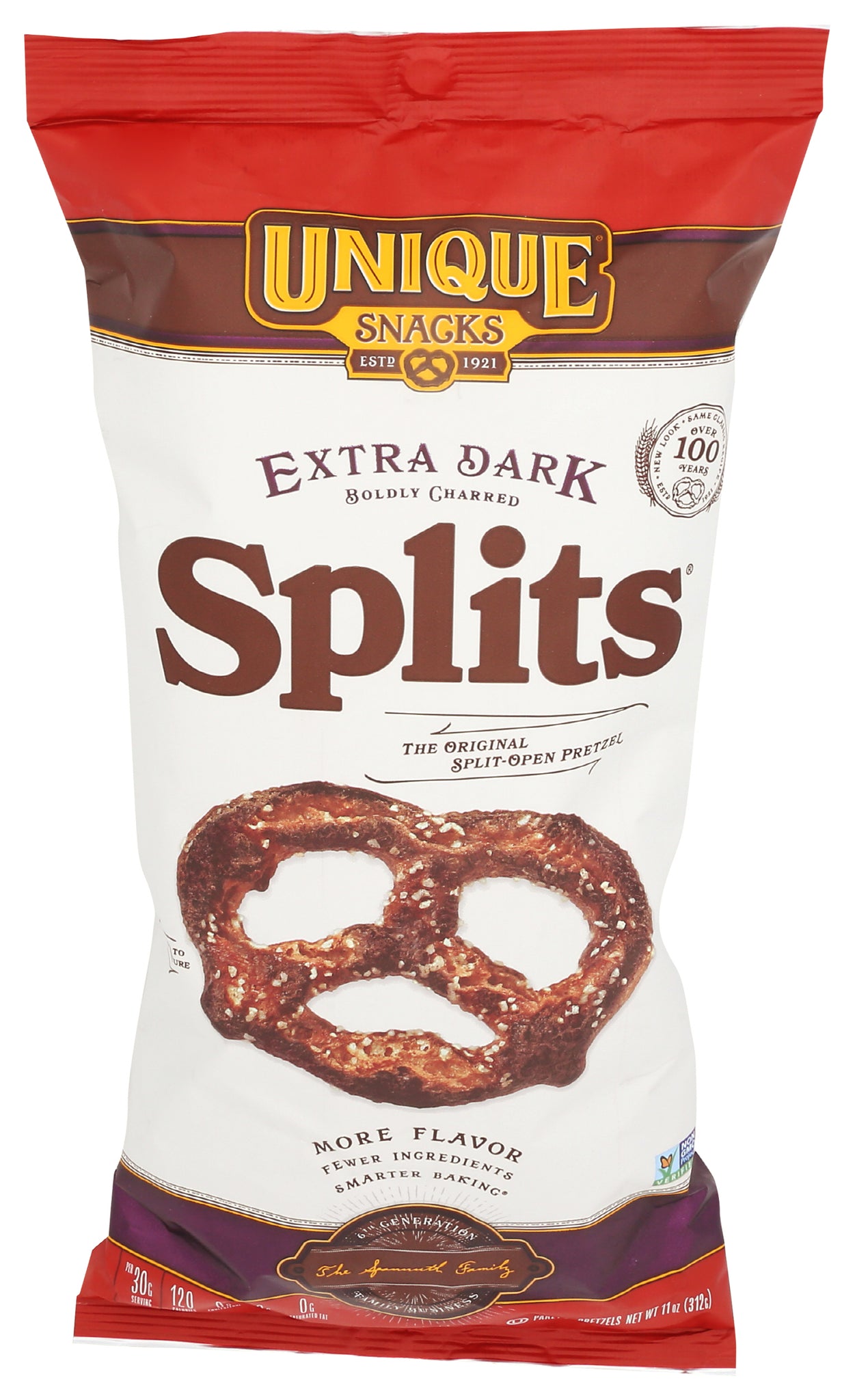 Unique Snacks - Pretzels - Extra Dark "Splits" Pretzels, Delicious Vegan Snack Pretzels Individual Pack, Large OU Kosher Pretzels, 1 Bag
