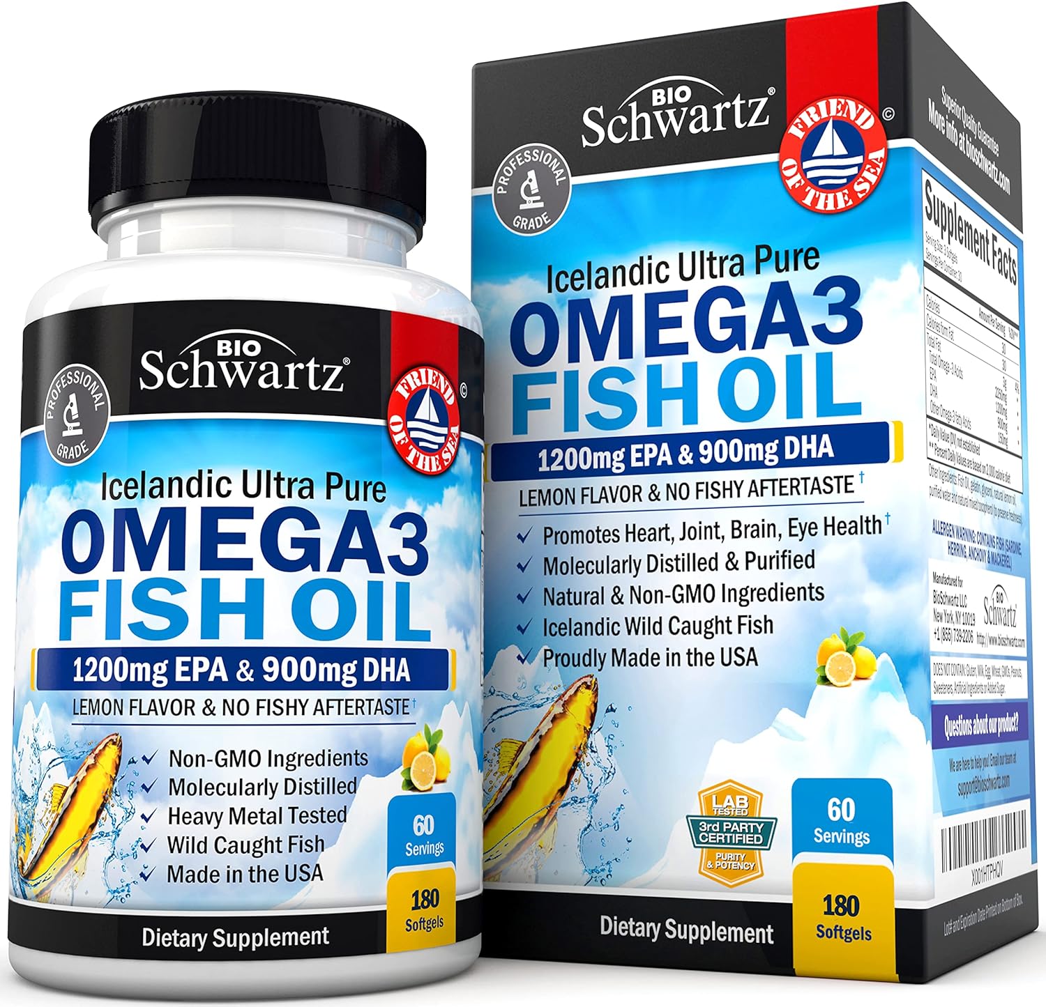 Omega 3 Fish Oil Supplement - 1200mg EPA and 900mg DHA Fatty Acid Per Serving from Wild Caught Fish - Supports Joint, Ey