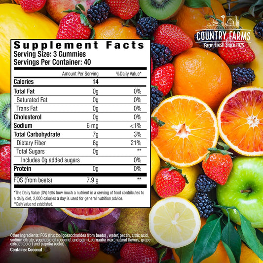 Country Farms Fiber Care Prebiotic Gummies, 6G Of Fiber Per Serving, F4.8 Ounces