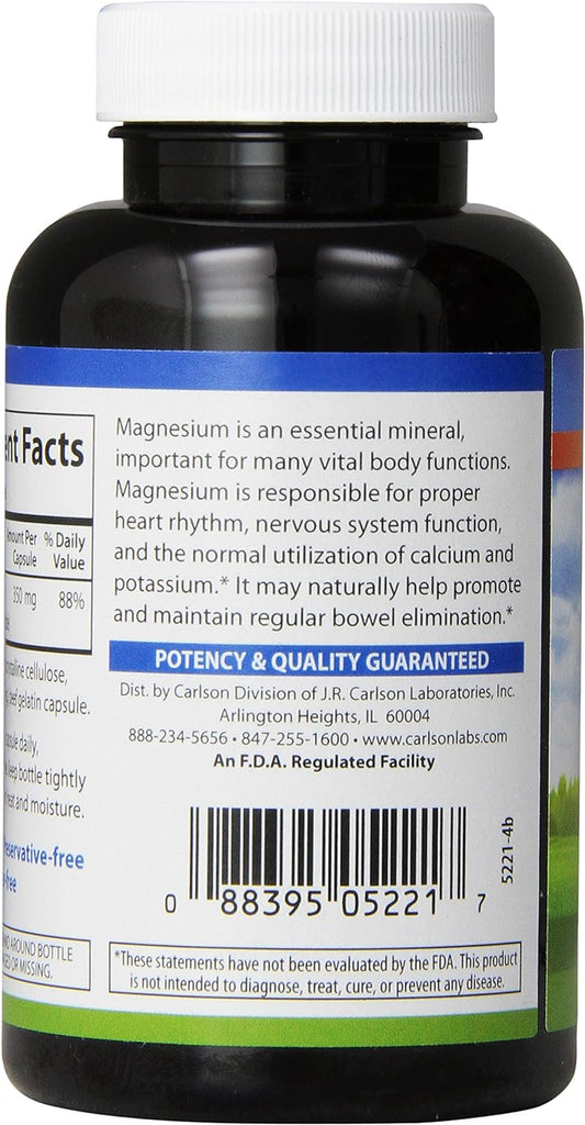 Carlson Magnesium 350 mg, Heart and Muscle Health, 90 Capsules