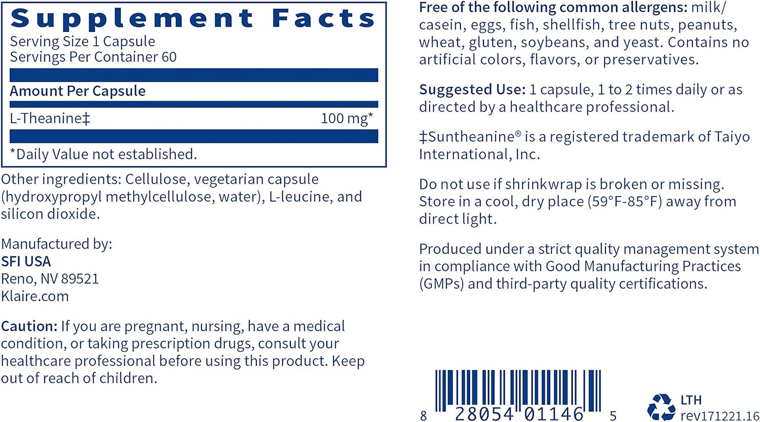 Klaire Labs L-Theanine - 100mg Suntheanine to Promote Promote Relaxati