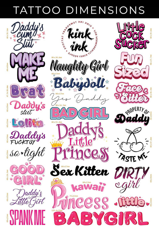 Kink Ink - 25 x "Daddy's Little Girl" Temporary Tattoo Sexy Kinky A4 Sheet