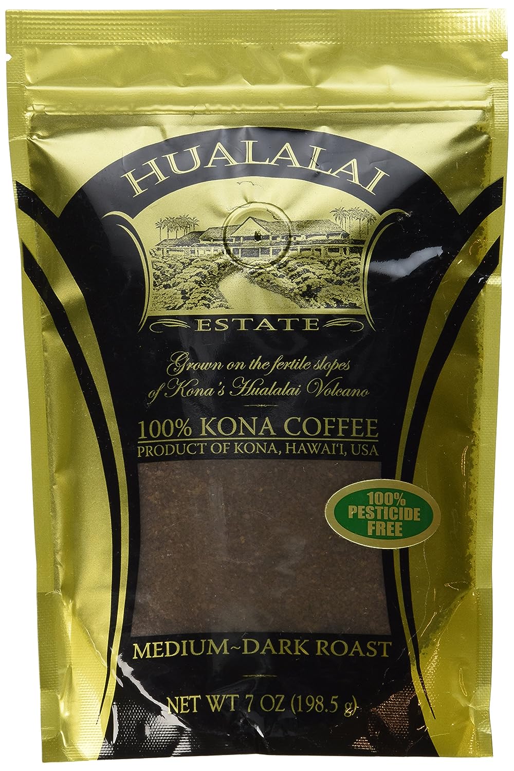 Hualalai Estate 100% Pure Kona Ground Coffee - Medium Dark Roasted Hawaiian Grown Beans - Pesticide-Free Gourmet Grade Premium Coffee