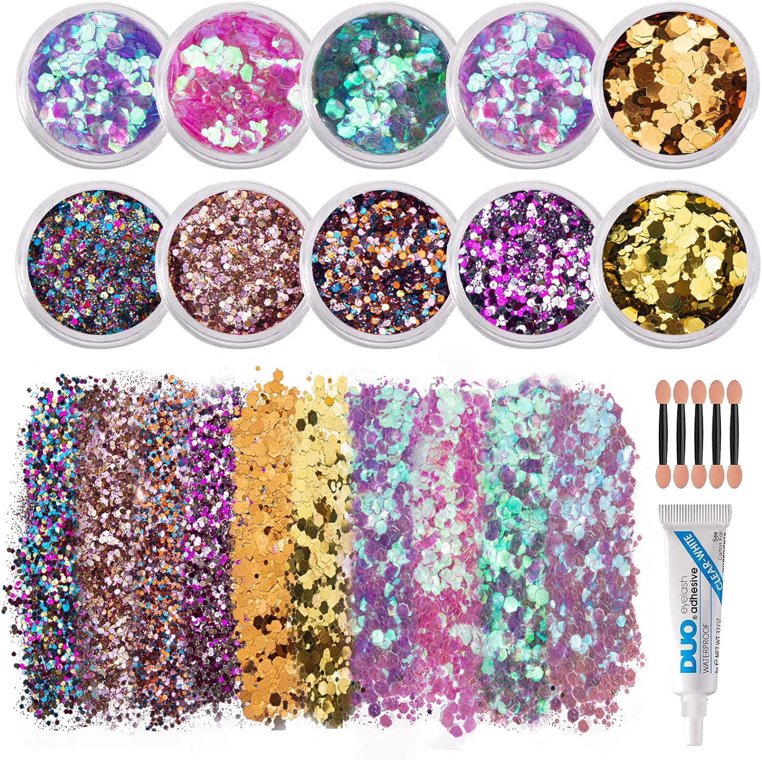 CHASPA Chunky Body Glitter Holograhic Glitter for Face Glitter Makeup, Hair, Eye and Nails with Eyelash Glue and 5 Brush