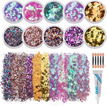 CHASPA Chunky Body Glitter Holograhic Glitter for Face Glitter Makeup, Hair, Eye and Nails with Eyelash Glue and 5 Brush