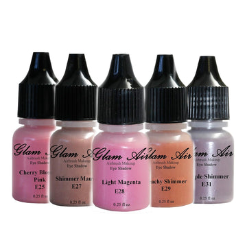 Set of Five (5) Shades of Glam Air Airbrush Eye Shadow Makeup E25 Cherry Blossom Pink, E27 Shimmer Mauve, E28 Light Magenta, E29 Peachy Shimmer, and E31 Purple Shimmer Water-based Formula Last All Day (For All Skin Types) 0.25 Bottles
