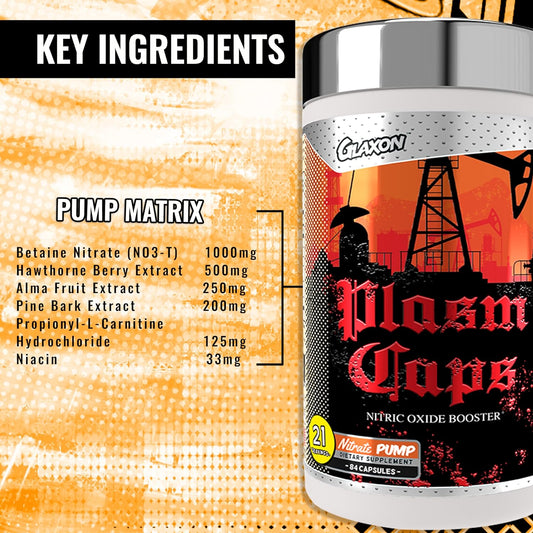 Glaxon Plasm Caps Nitric Oxide Booster, Stimulant-Free Pre Workout for More Intense Pump and Maximized Blood Flow with 1