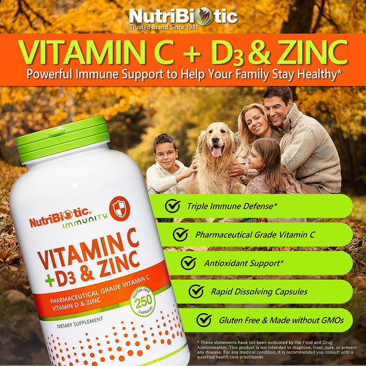 NutriBiotic ? Vitamin C + Vitamin D3 & Zinc, 250 Capsules | Potent, Co