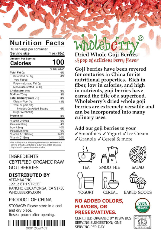 Wholeberry organic wolfberry gouqi Goji berries 16oz| Raw, Vegan, Gluten Free Super food High in Plant Based Protein, Di