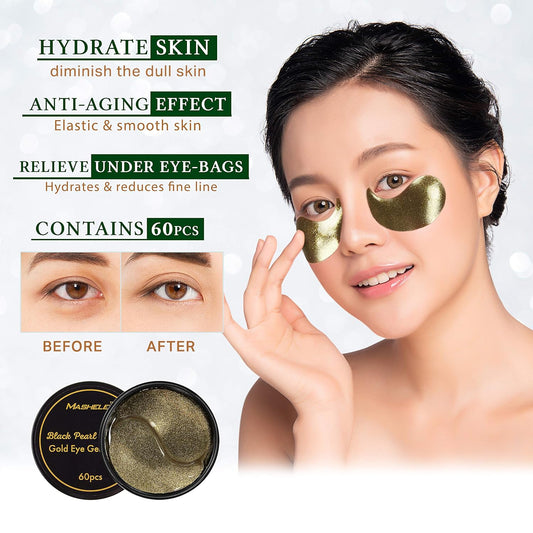 MASHELE Korean Under Eye Patches 24K Gold Black Pearl Mask Anti-Aging Hyaluronic Acid Collagen Neck Forehead Laugh Line Pad Reducing Dark Circles Treatment (60pcs, gold patches 60pcs)