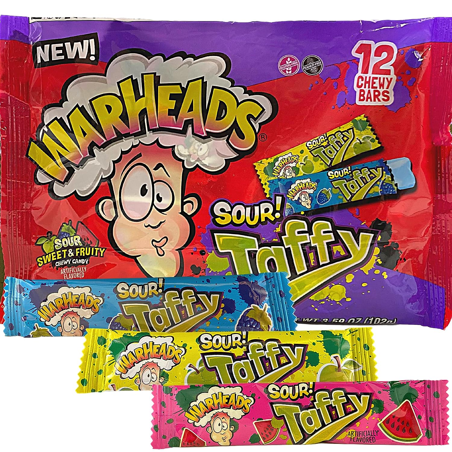 Warheads Sour Taffy Chewy Candies, Individually Wrapped Fruit Flavored Chews in Watermelon, Blue Raspberry, and Green Ap