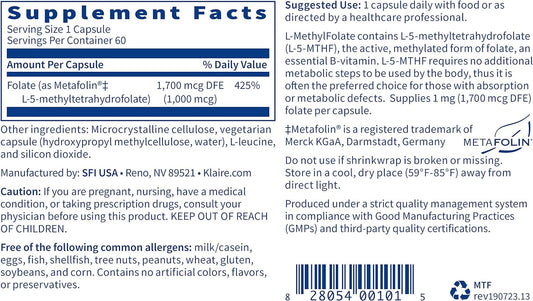Klaire Labs L-Methylfolate - 1000 Mcg Folate Highly Bioavailable, Hypo
