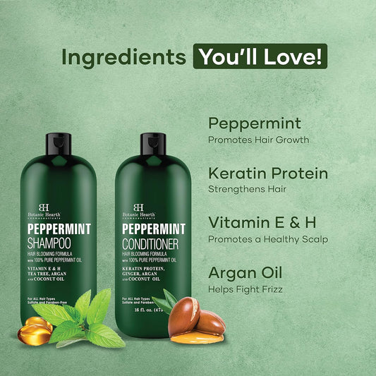 BOTANIC HEARTH Peppermint Oil Shampoo and Conditioner Set - Hair Blooming Formula with Keratin - Fights Hair Loss & Thinning, Promotes Hair Growth-Sulfate Free for Men and Women - 16   x 2