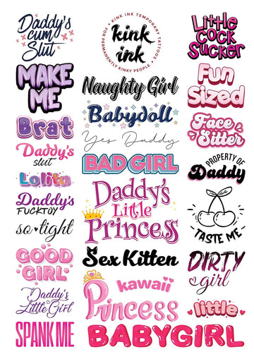 Kink Ink - 25 x "Daddy's Little Girl" Temporary Tattoo Sexy Kinky A4 Sheet