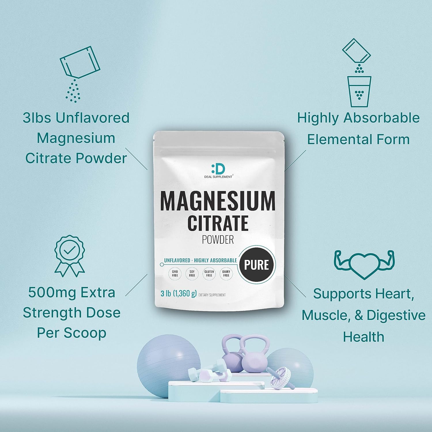 Magnesium Citrate Powder 500mg, 3lbs – Unflavored, Easily Absorbed – P