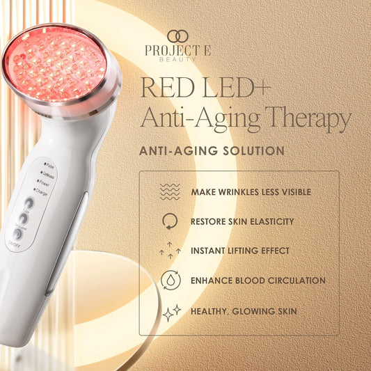 RED LED+ Anti-Aging Therapy by Project E Beauty | Collagen Boosting | Instant Firming and Lifting | Reduces Fine Lines & Wrinkles | Tightens & Tones | Rechargeable & Portable (Red LED Therapy)