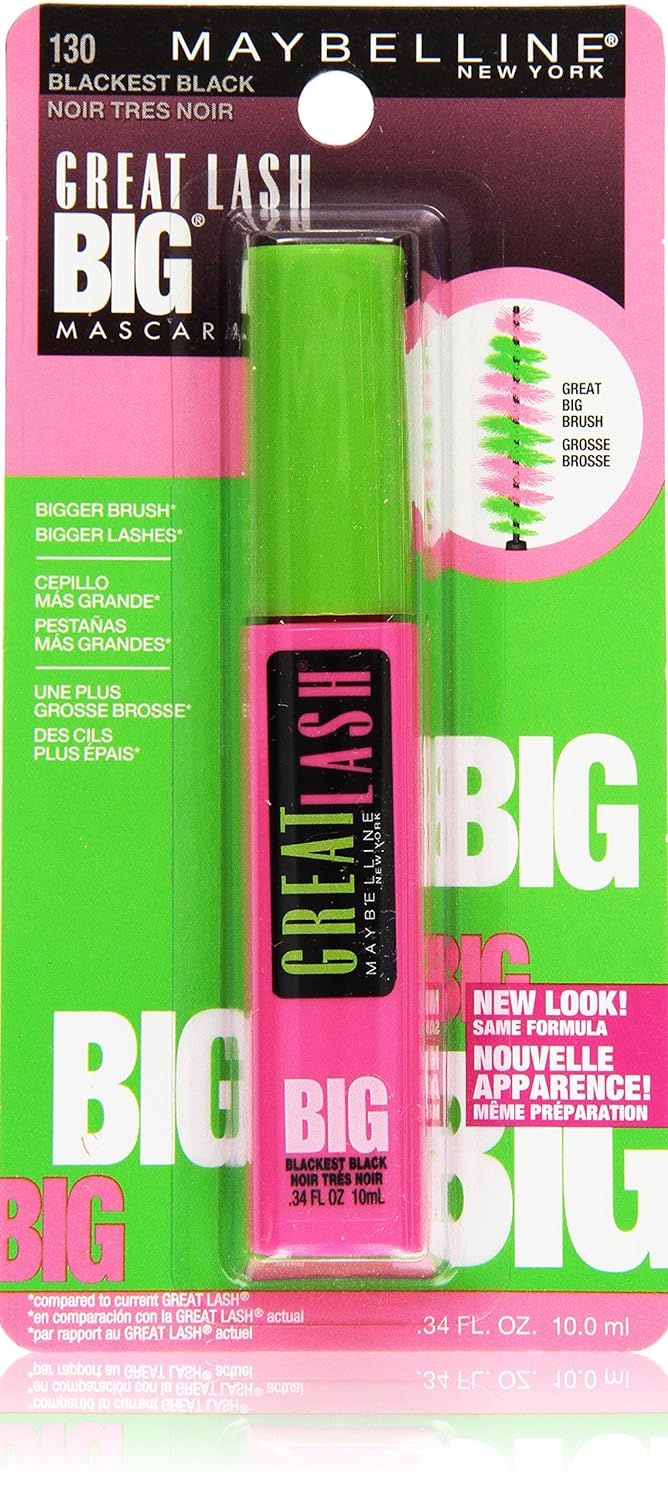 Maybelline New York Great Lash Big Washable Mascara, Blackest Black 130, 0.34 uid