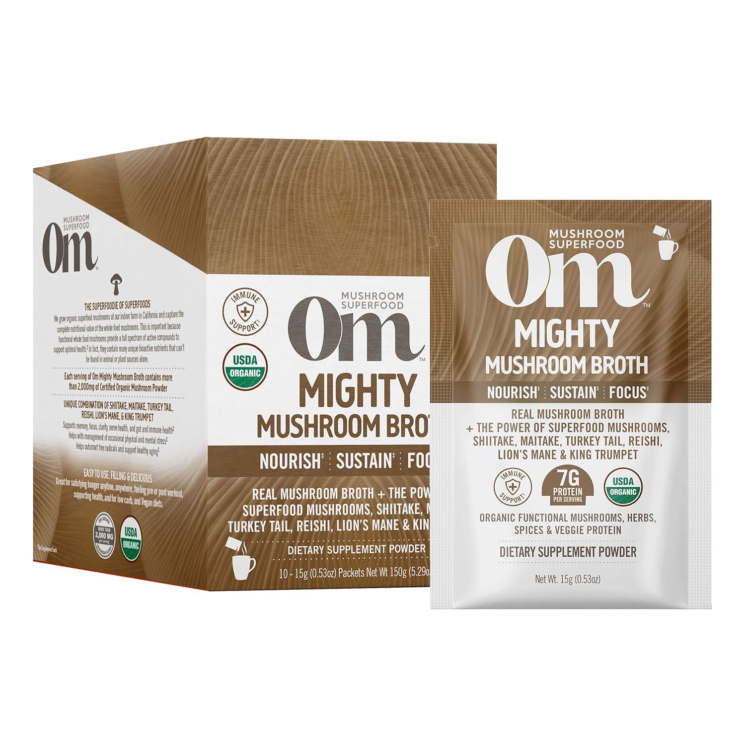 Om Mushroom Superfood Mighty Mushroom Broth 7g Protein Powder, Single Serve, 10 Count, Savory Organic Mushroom Blend, Supports Immune and Gut Health