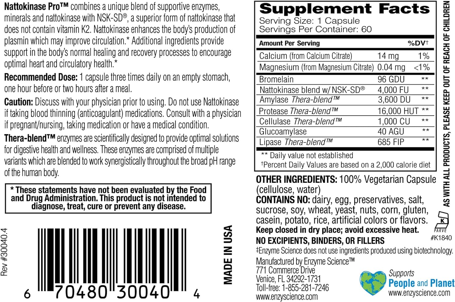 Enzyme Science Nattokinase Pro with NSK-SD, Vegan and Kosher, 60 capsu