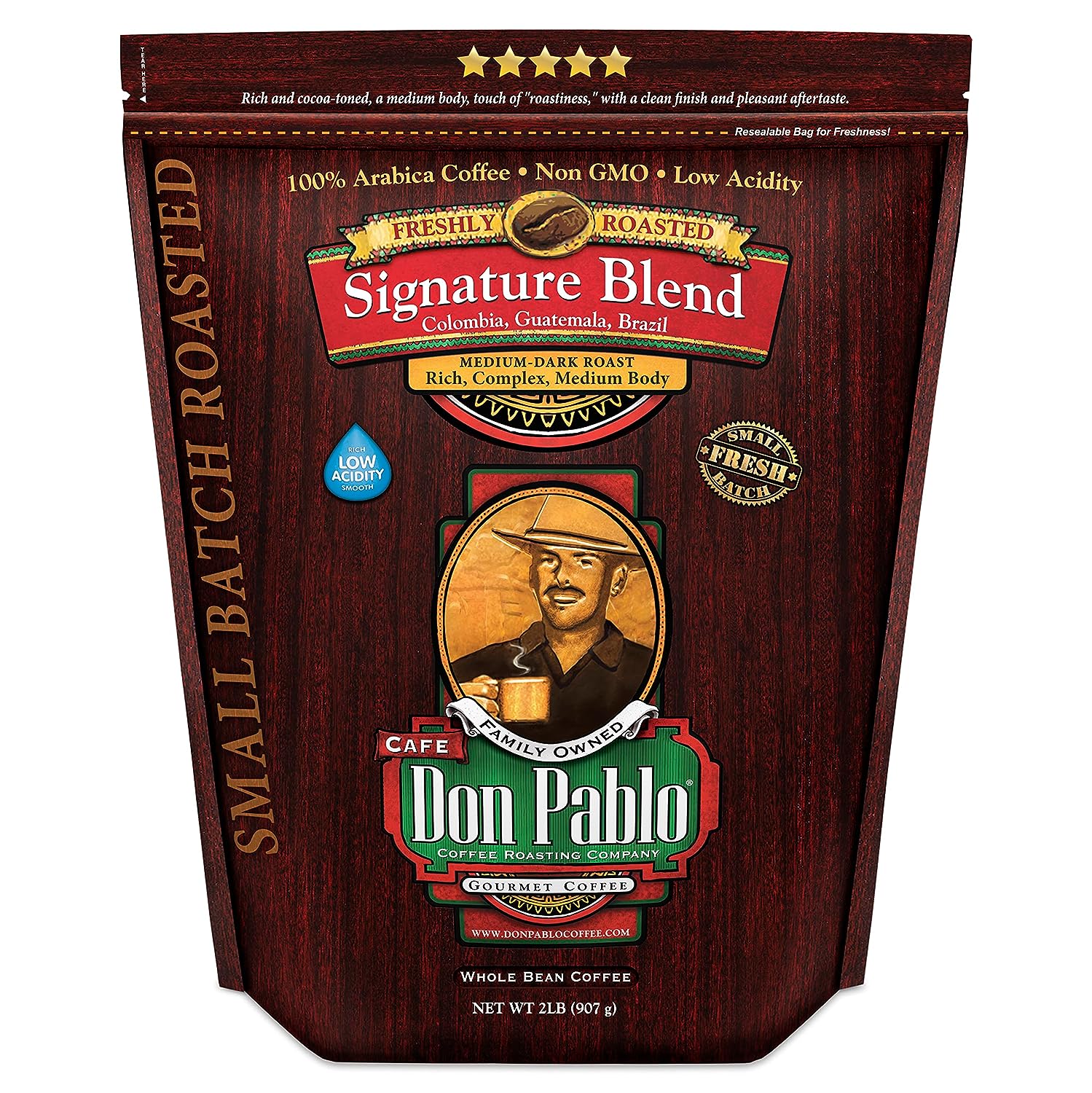 Don Pablo Gourmet Coffee - Signature Blend - Medium Dark Roast - Whole Bean Coffee - 100% Arabica Beans - Low Acidity and Non-GMO - bag