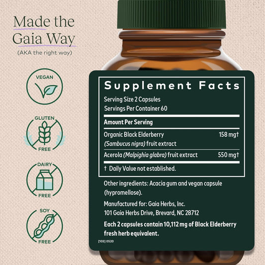 Gaia Herbs Black Elderberry - Daily Immune Support Supplement to Help Maintain Well-Being- with Black Elderberries and Acerola Fruit for Antioxidant Support - 120 Vegan Capsules (60-Day Supply)