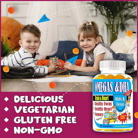 Kids Omega 3 Gummies for Kids & Teens with Omega 6 & 9 DHA Childrens Brain Supplement for Brain Booster, Heart, Focus &