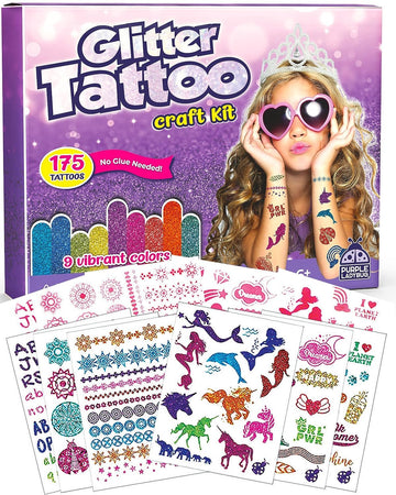 PURPLE LADYBUG Temporary Glitter Tattoo Kit - 175 Designs, No Mess Glitter Tattoos for Kids - Ideal Girl Gifts Age 8-10 & Girls Crafts Ages 7-10 - Kids Birthday Gift 6-8 Years Old & Kids Crafts 8-12