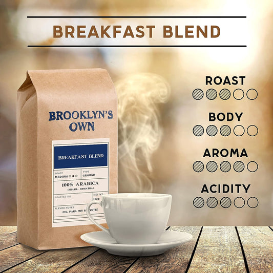 Brooklyn's Own Medium Roast Breakfast Blend Ground Coffee - 100% Arabica Grounds From Brazil and Sumatra