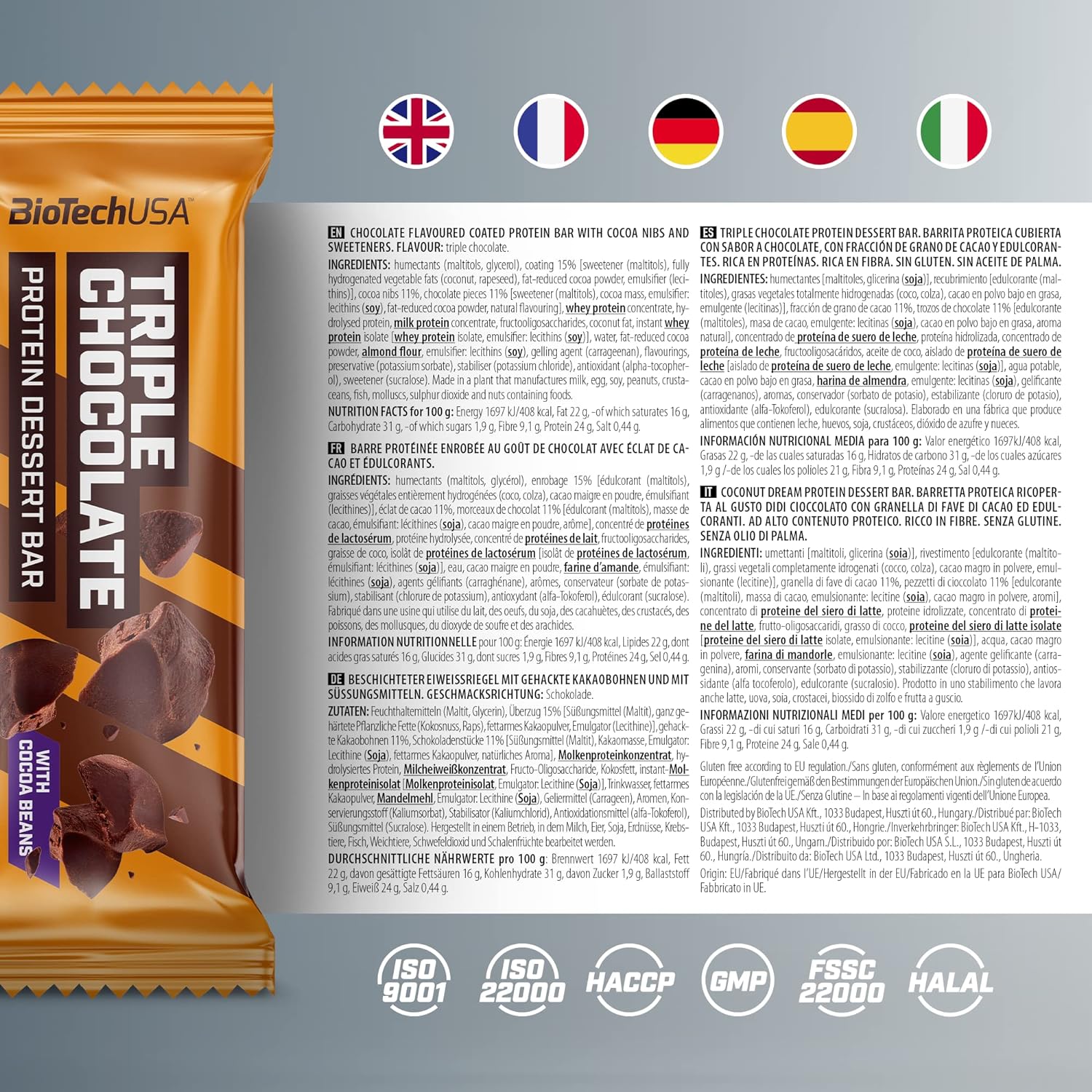 BioTechUSA Protein Dessert Bar, Coated protein bar with cocoa nibs and