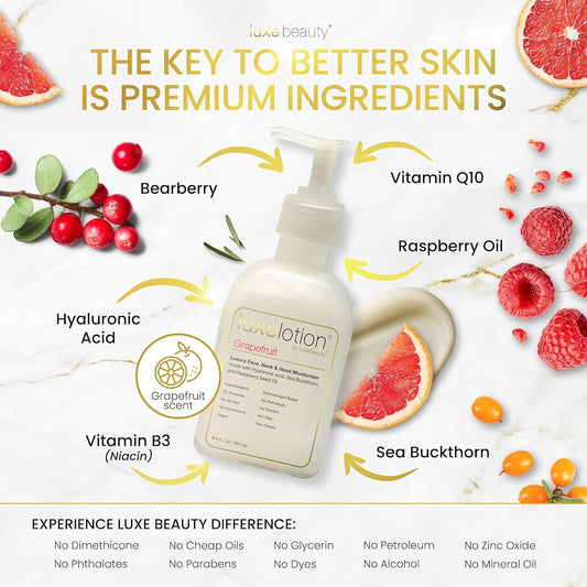 Luxe Beauty Non-Greasy Hyaluronic Acid Moisturizer for Face, Neck, and Hands – Grapefruit-Scented Lotion, Silicone-Free, No Fillers - With Organic & Plant-Based Ingredients - Anti-Aging Facial Cream