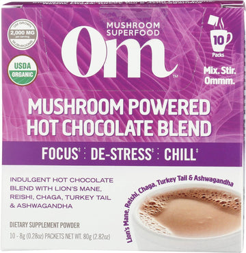 Om Mushroom Superfood Hot Chocolate Blend Mushroom Powder, Single Serve, Dutch Cocoa, 2g of Sugar, 25 Calories, Lion's Mane, Reishi, Chaga, Turkey Tail, Focus and Stress Support, 10 Count, 2.8