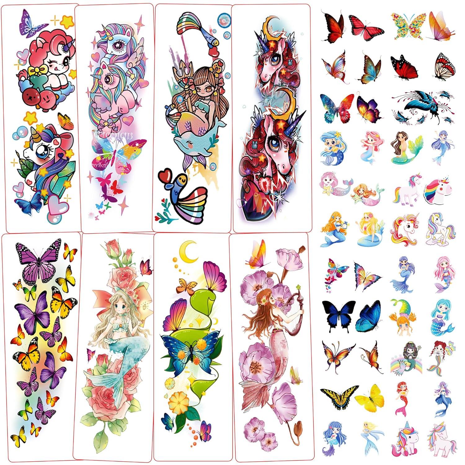 Metker Kids Full Arm Temporary Tattoo Unicorn,Mermaid,Buttery 76 PCS Large Fake Sleeve Waterproof Tattoo Stickers for Children,Party Supplies for Boys,Girls Goody Bag Stuffers Party Bag Fillers