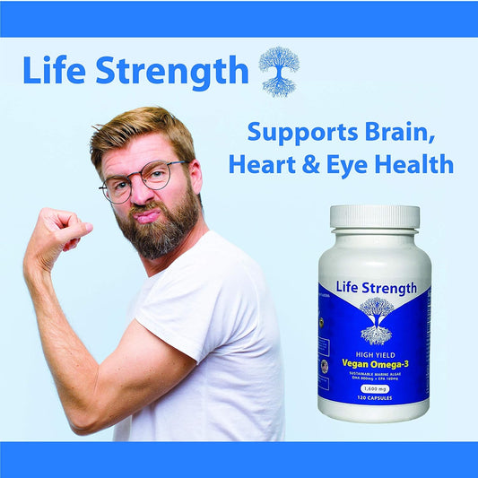 Life Strength Vegan Omega-3 Supplement - Marine Algae with DHA & EPA Fatty Acids - Plant-Based Fish Oil Alternative - Ca