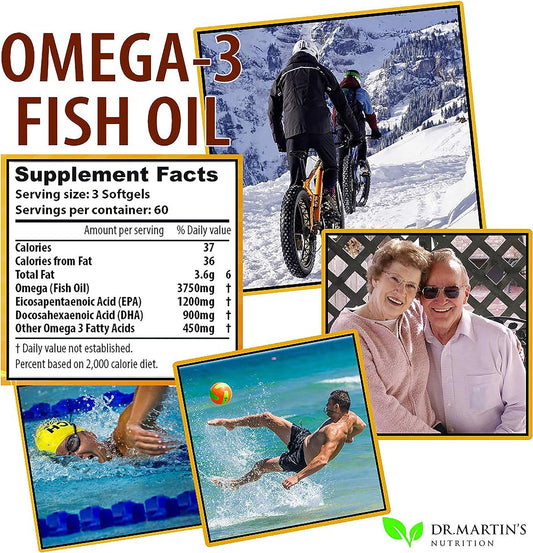 Omega-3 Fish Oil 3750mg Triple Strength - 180 Burpless Softgels | EPA 1200mg + DHA 900mg | Promotes Healthy Heart, Immun