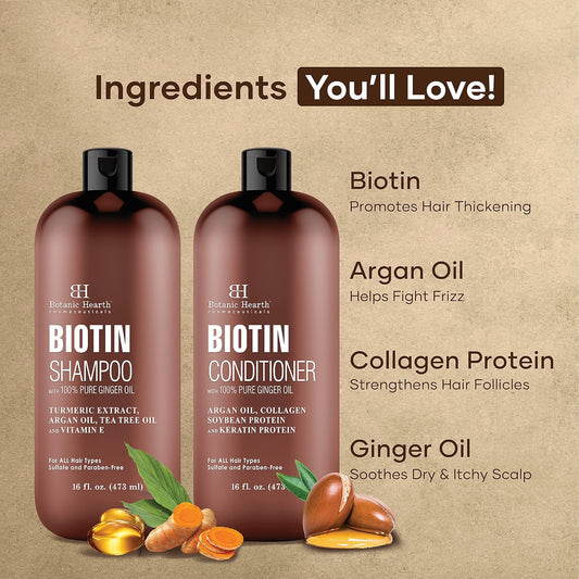 BOTANIC HEARTH Biotin Shampoo and Conditioner Set - with Ginger Oil & Keratin for Hair Loss and Thinning Hair - Fights Hair Loss, Sulfate Free, for Men and Women, (Packaging May Vary),16   each