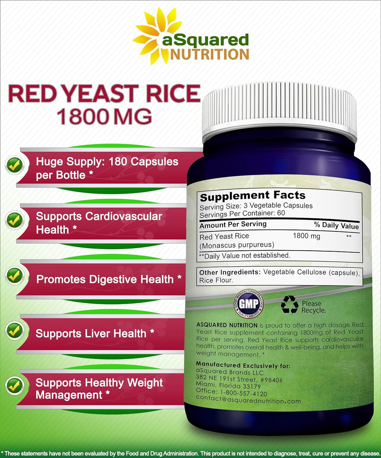aSquared Nutrition Red Yeast Rice 1800mg - Dietary Supplement Vegan Po