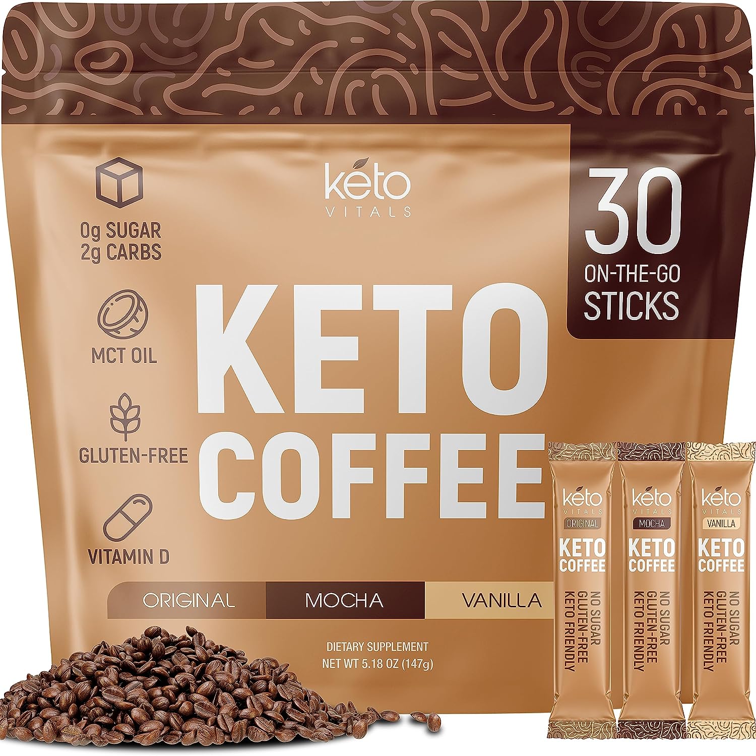 Keto Vitals Instant Keto Coffee Powder - Low-Calorie Sweetened Instant Coffee Packets, Single Serve - Keto Coffee Instant Mix in Original, Vanilla, & Mocha Flavors - 30 Count