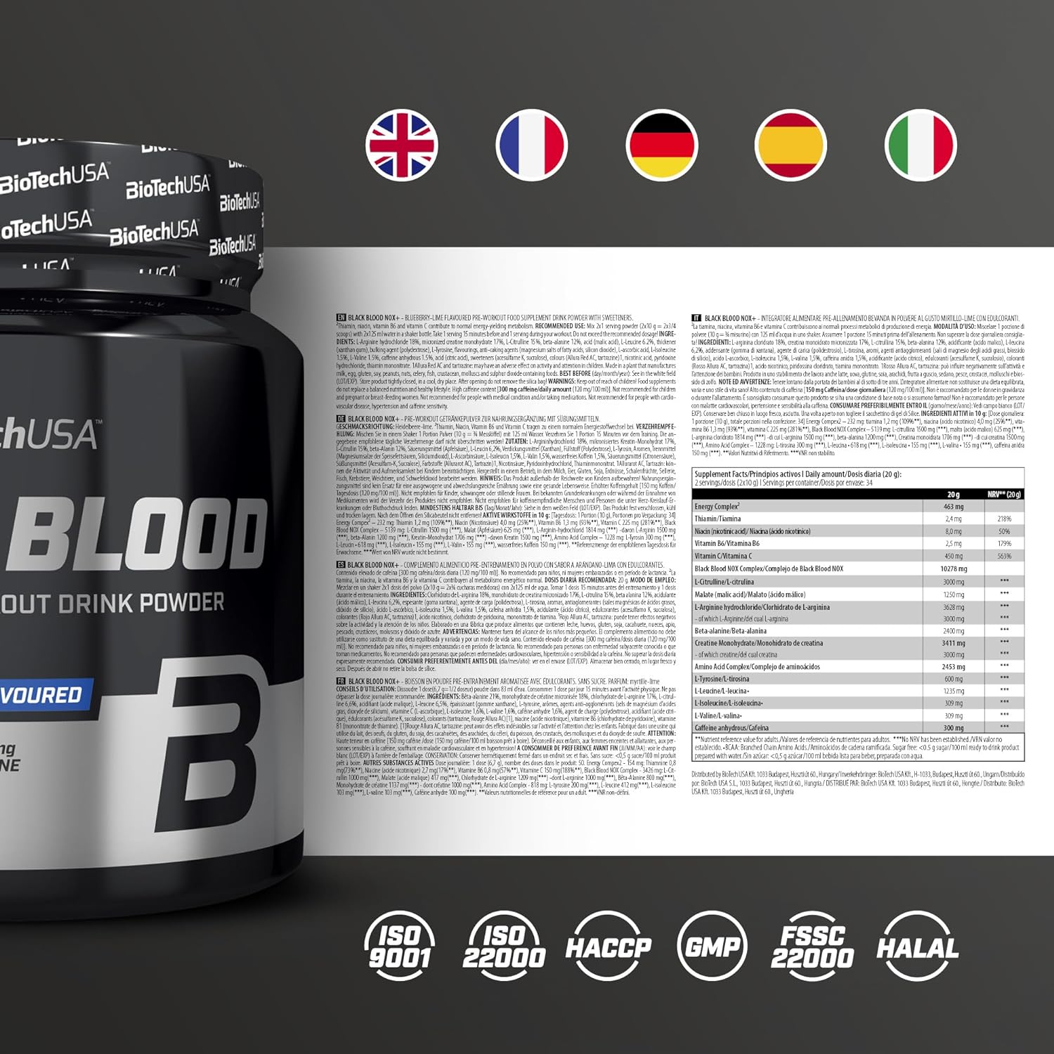 BioTechUSA Black Blood NOX+, Extreme pre-Workout Drink Powder containi