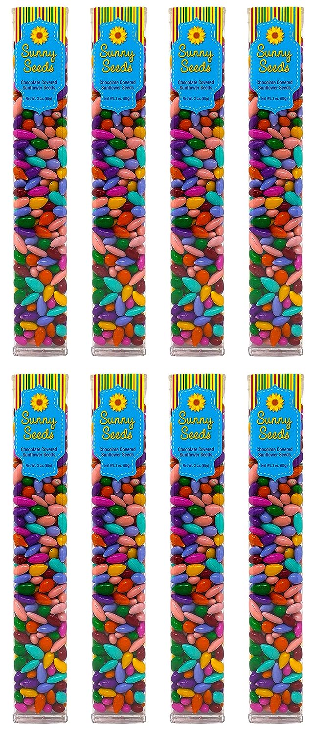 Chocolate Covered Sunflower Seeds Multicolored Candy Coated Treats - Rainbow Party Favors - Sweet and Crunchy Topping - Pack of 8